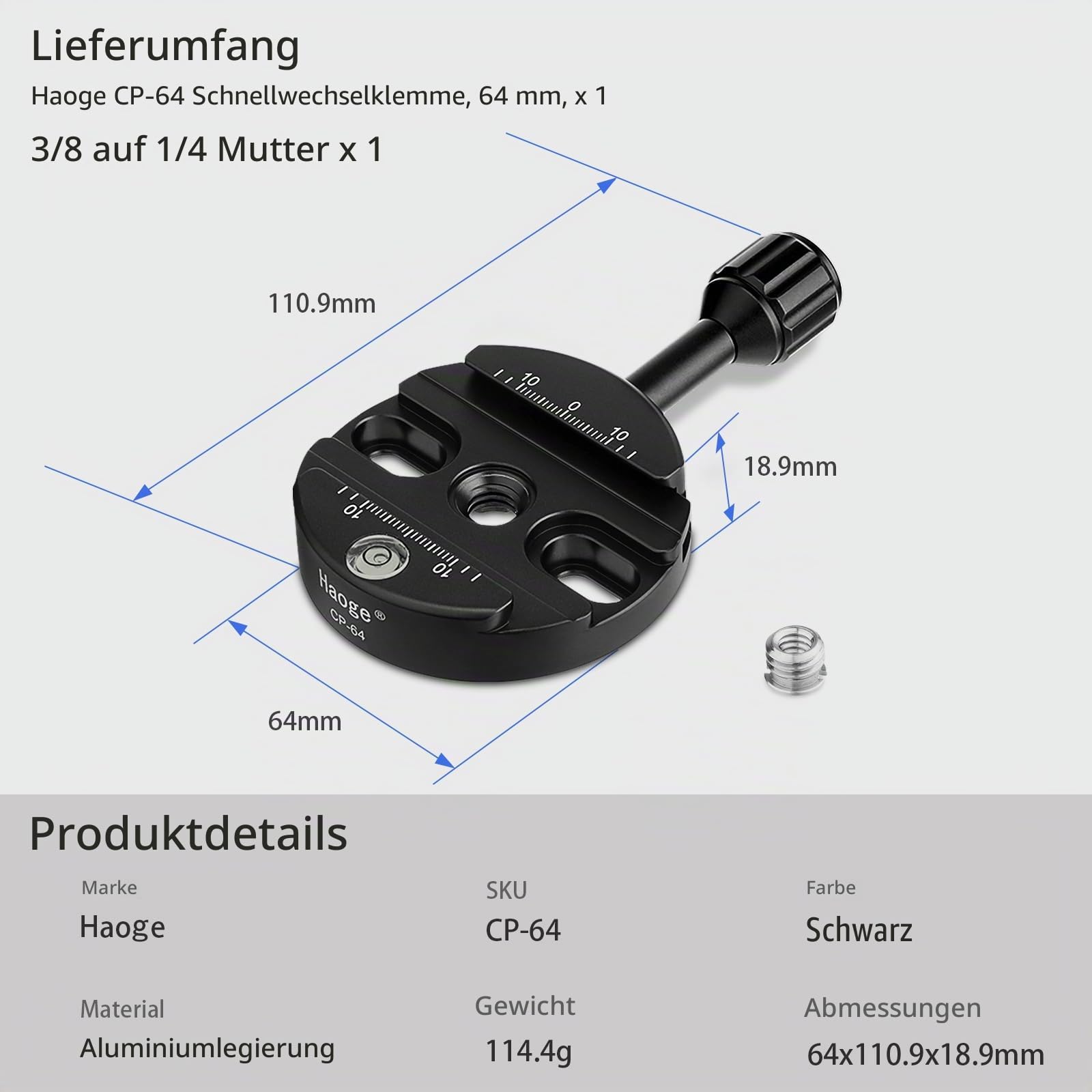 Haoge CP-64 64 mm Schraubknopf, Schnellspannklemme, Adapterhalterung für Schnellspanner, QR-Platte, Kamerastativ, Kugelkopf, Einbeinstativ, Kugelkopf, passend für Arca Swiss