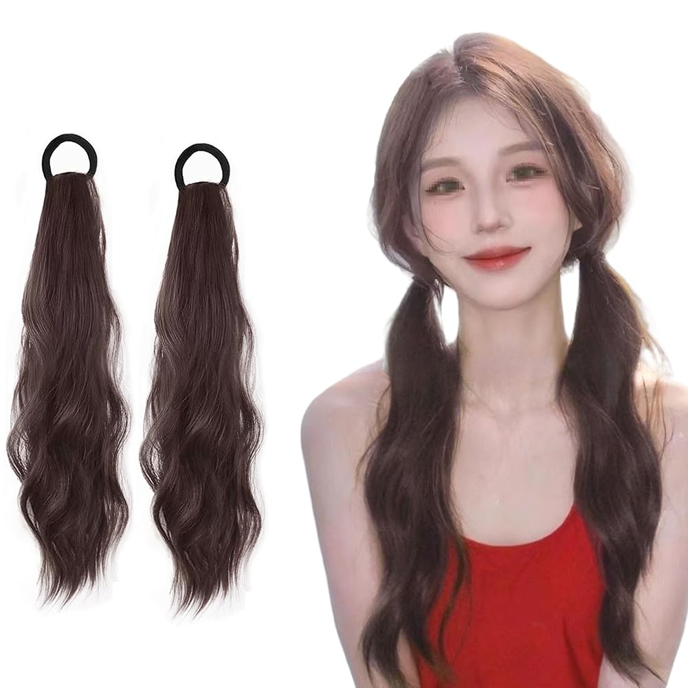 2Pcs 19.7 inch Curly Ponytail Extensions with Elastic Hair Tie Natural Looking Wave Fake Ponytail Wigs Hairpieces for Women (Black) - Image 3