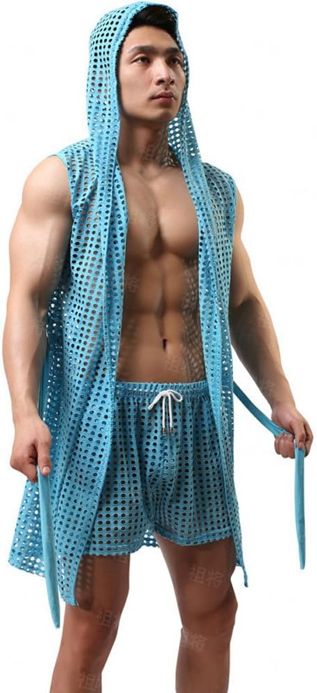UMaster Men's Summer Hooded Sexy Mesh Sleepwears Pajamas Bathrobes Suits Bath Robe+Underwear Blue L