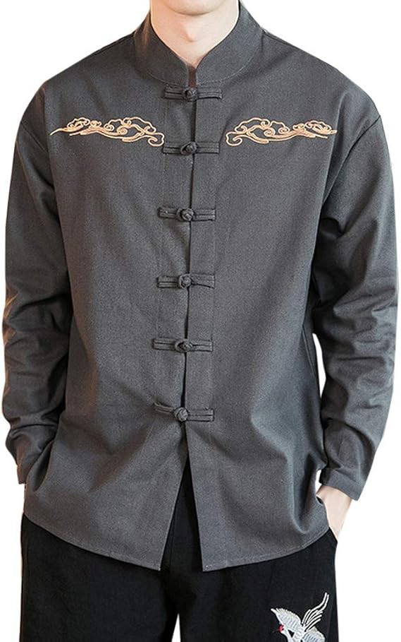 Amazon レトロシャツ 棉麻 長袖 メンズ ブラウス 中国風シャツ 長袖 立ち襟 羽織り 刺繍 レトロ カジュアル コーディネート トップス ジャケット ジャンパー トップス Tシャツ 無地 刺繍 トップス チャイナボタン レトロ 春夏秋 L ダークグレー Tシャツ