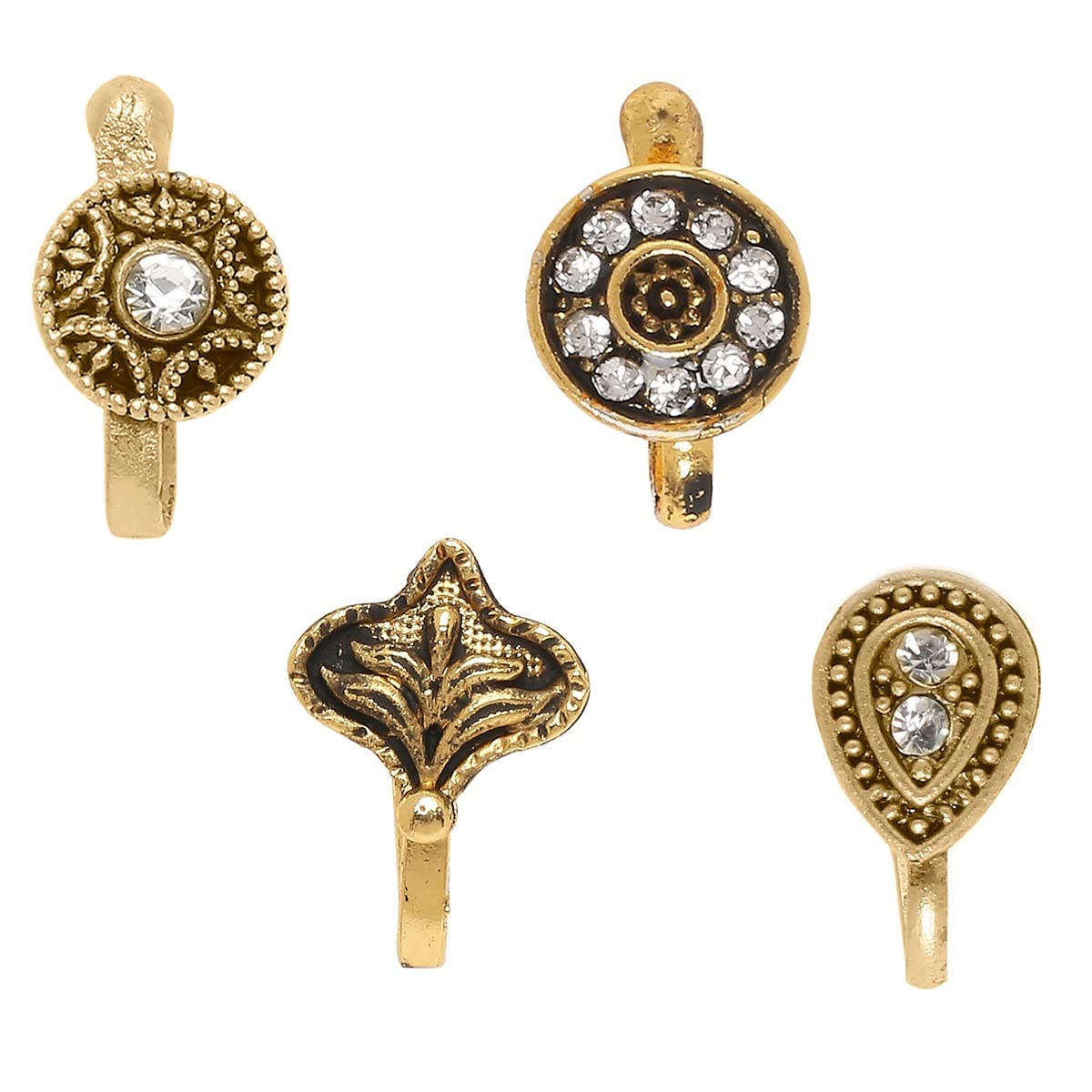 fabula Jewellery Combo of 4 Antique Gold & Oxidised Silver Nose Pin - Non-Piercing - For Women & Girls Stylish Latest-picture-41
