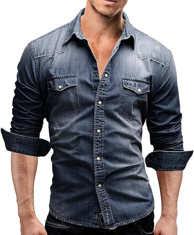 Men's Slim Fit Western Long Sleeve Casual Distressed Denim Shirt with Snap Button Down Design2