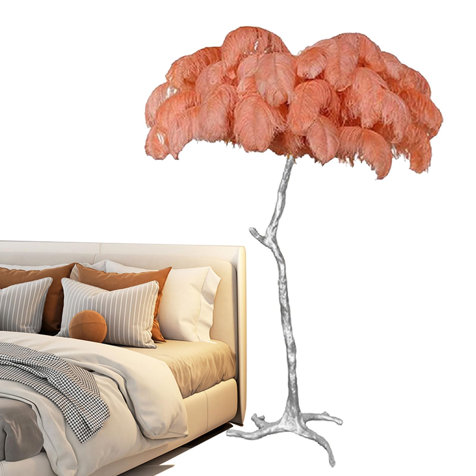 Modern Bedroom Standing Lamp, Natural Ostrich Feather Lamp Romantic Silver Floor Feather Lamps Decorative Lighting for Girl Bedroom