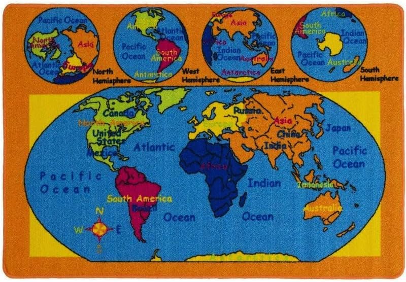 Kids World Map Rug 5x7 - non-slip backing