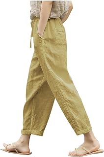 Pantalones de lino para mujer, pantalones fruncidos con cordón de longitud 3/4, pantalones capri de algodón y lino, pierna ancha, ropa de descanso, cintura alta, ajuste holgado, pantalones de correr