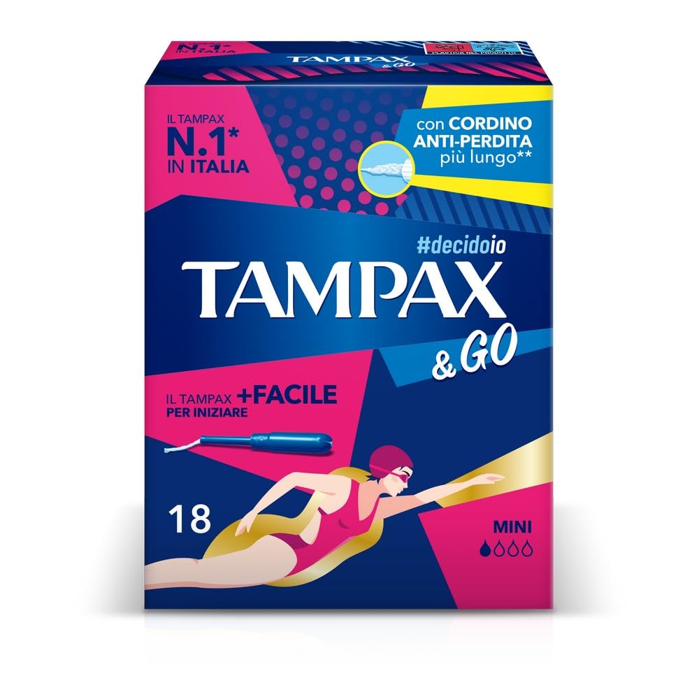 Tampax & Go Mini, 18 assorbenti interni con applicatore in plastica, dotati di presa antiscivolo e doppio cordino protettivo. Ideali per flussi leggeri e per i primi giorni delle mestruazioni