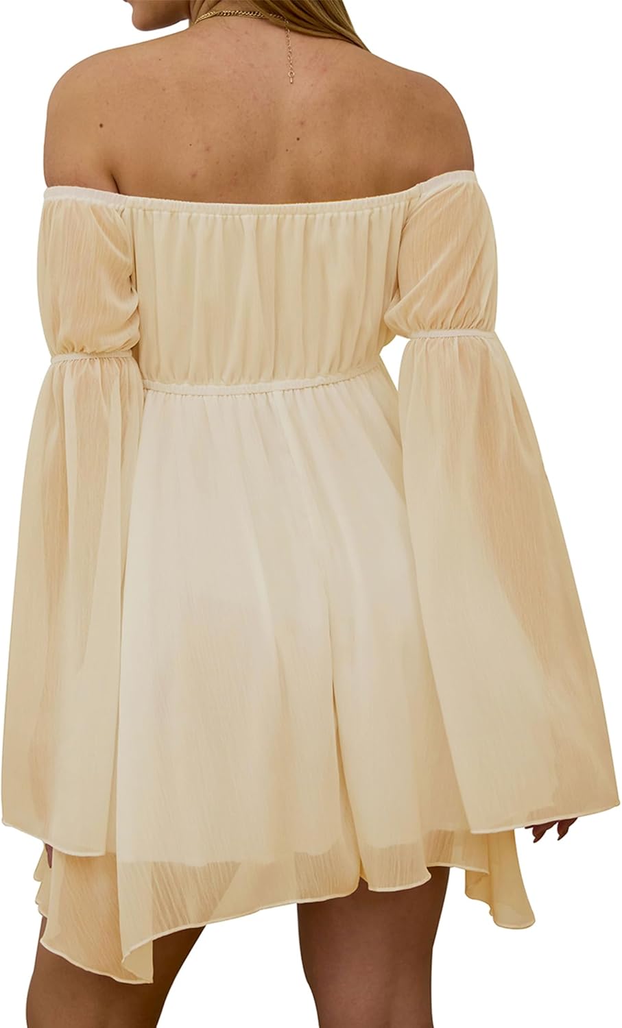 Womens Off Shoulder Dress Bell Sleeve Lace-Up Elastic Waist Chiffon Flowy Casual Party Irregular Mini Dresses - Image 2