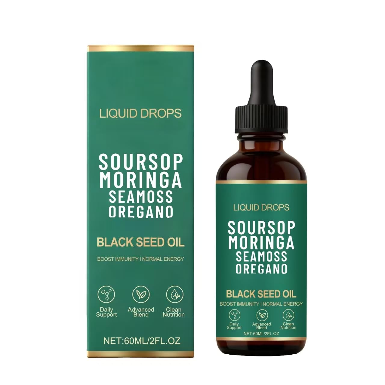Soursop-Flüssigkeit mit Meeresmoos und Schwarzkümmelöl, unterstützt das Immunsystem und die tägliche Energie, vegan, gentechnikfrei, 60 ml (2 fl oz),1PCS