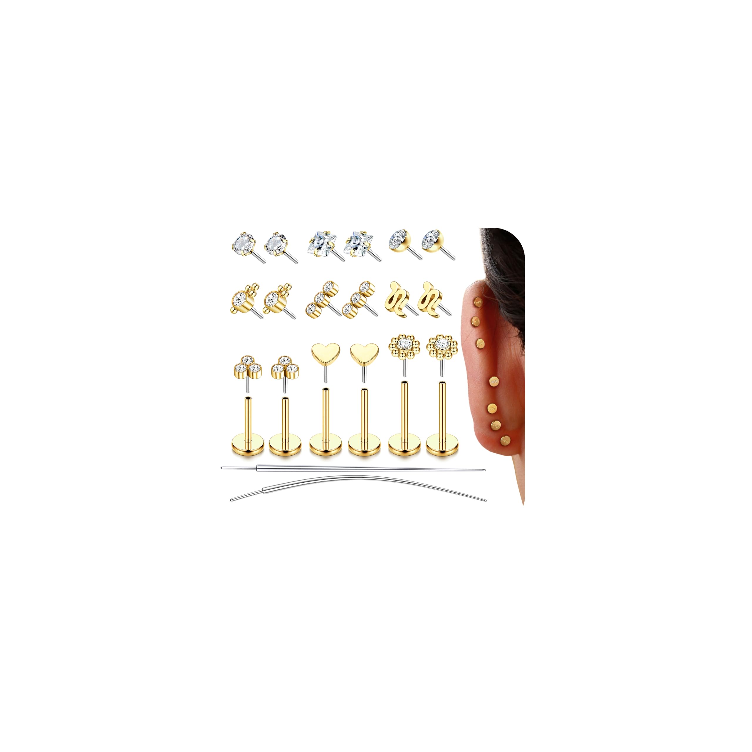 JeweBella 20G Helix Piercing Sieraden Chirurgisch Staal Draadloos Push in Neus Stud Labret Studs Neus Ring Tragus Kraakbeen Oorbellen Conch Daith Lip Piercing Zilver Goud Septum Medusa Piercing 6/8
