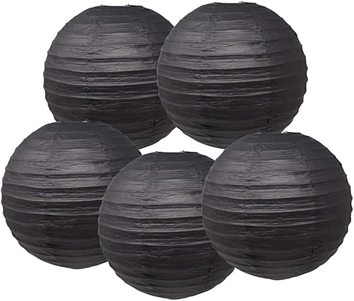Faroles de papel colgantes redondos de papel para bodas, decoraciones de fiesta de cumpleaños (negro, 4 pulgadas (3.9 in) - 5 piezas)
