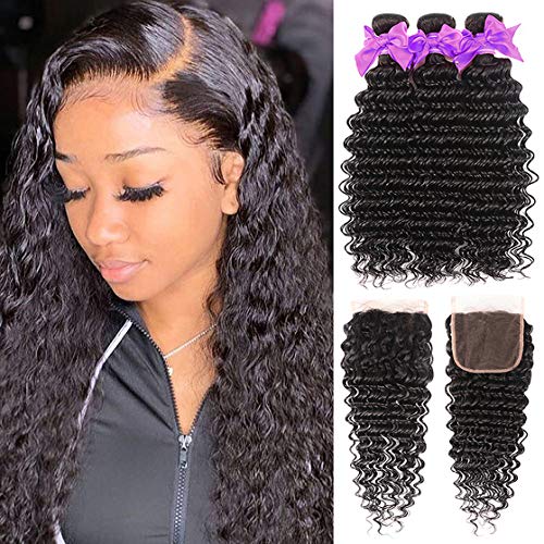 Miss CARA Brazilian Hair Deep Wave 3 Bundles with Closure Human Hair Bundles (18 20 22+16, Free Part) Brazilian 3 Bundles 100% Unprocessed Virgin Deep Curly Bundles Human Hair Extension Natural Color