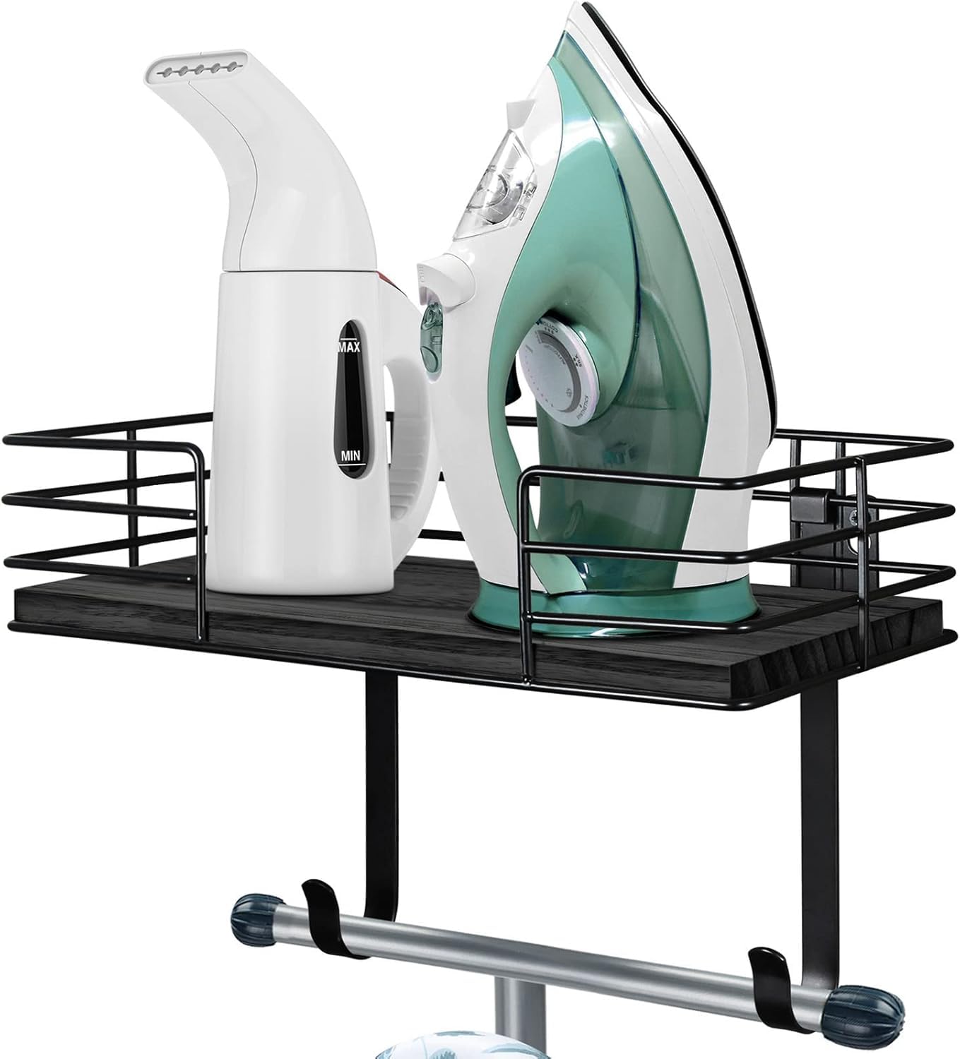 TJ.MOREE Ironing Board Holder Wall Mount, Metal Ironing Board Hanger, with Shelf Laundry Room Decor and Accessories Iron Holder for Laundry Room Living Room Bathroom