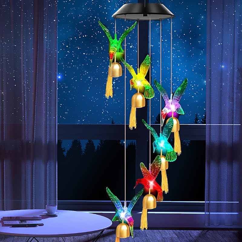 Solar Hummingbird Wind Chimes for Garden, Colourful LED Lights with Bell Sound, Waterproof Windchimes Outdoor, Patio, Gift for Nana, Mum, 8-12H Long Lasting