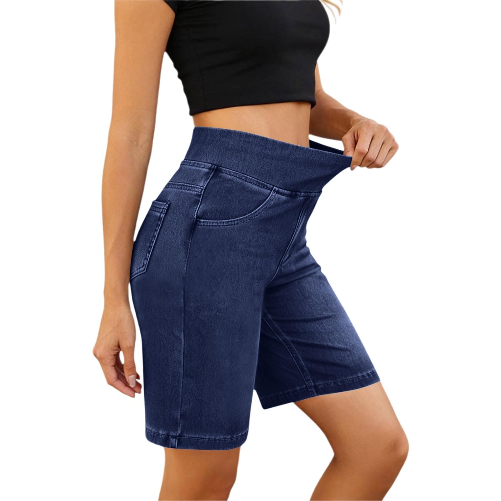 Jeans da donna in denim, pantaloni corti in cotone elasticizzato, a tinta unita, estivi, comodi, per il tempo libero, a gamba dritta, con tasche, pantaloni sportivi