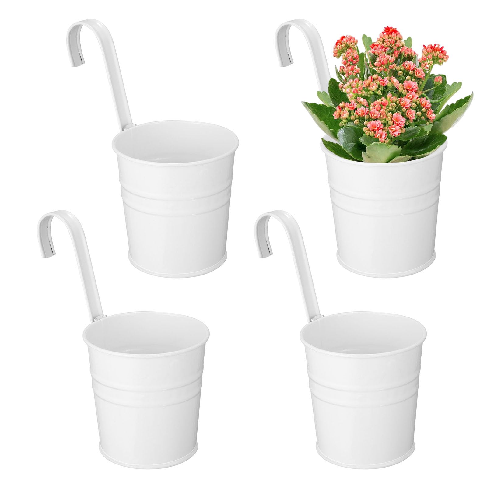 Puedno Garden Pots Hanging Buckets, 4PCS Metal Flower Hanging Plant Pots Mini Hanging Baskets Bucket with Detachable Handle for Seedlings Fence Balcony Outdoor Wall Decor, White