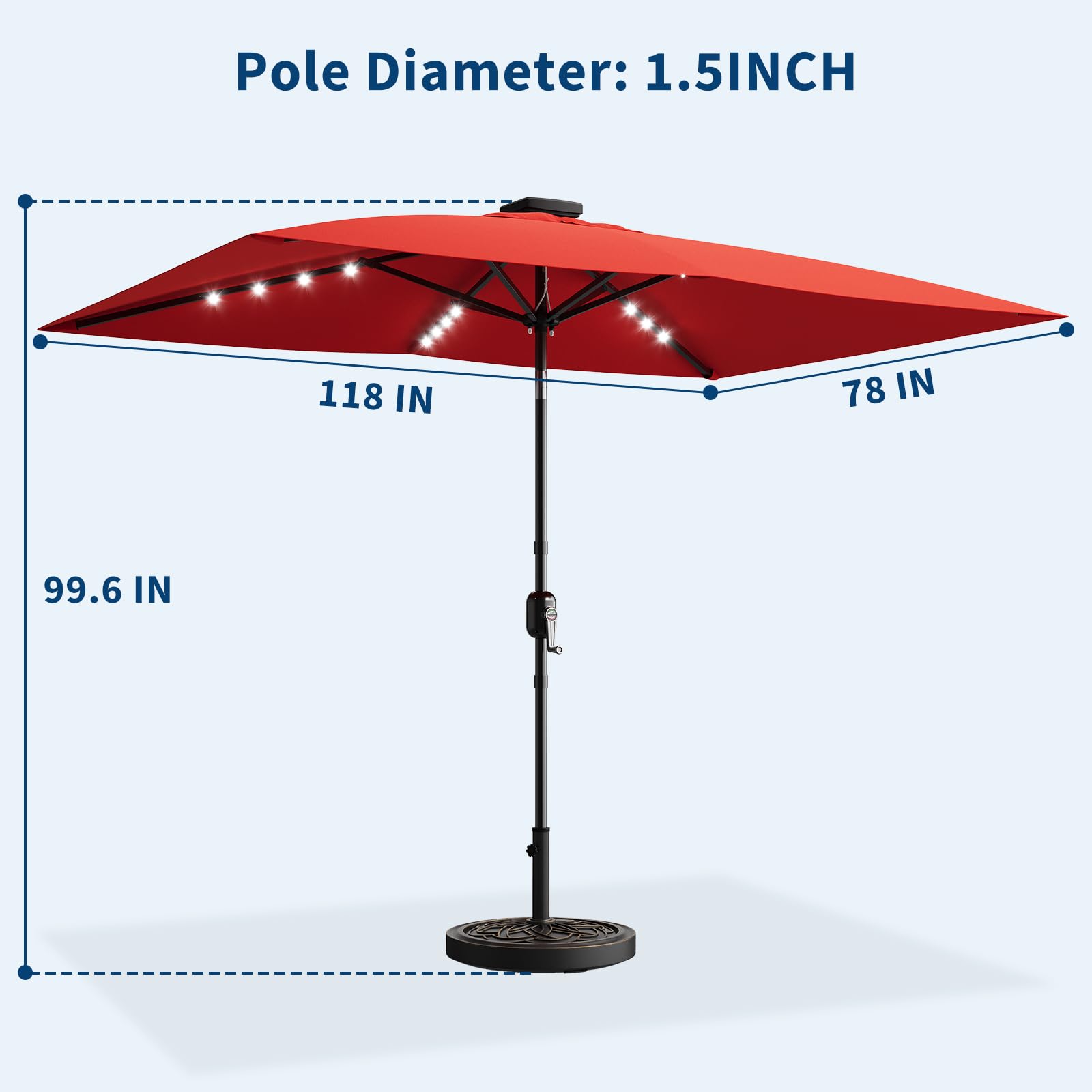 Faltbarer Rechteckiger Sonnenschirm Mit Solar-LED-Licht, Sonnenschutzdach Mit Kurbel Und Kippfunktion, Atmungsaktiver Sommerschirm, Für Strände Und Schwimmbäder, 300x200x250cm (Ohne Sockel)