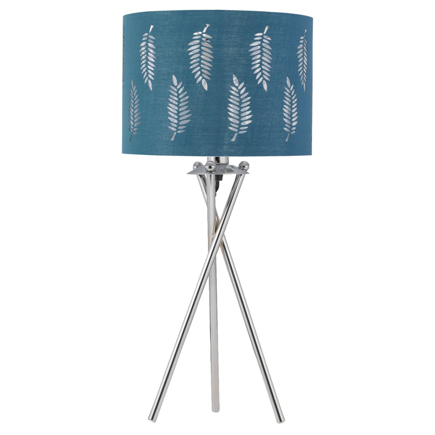 firstchoicelighting Chrome Tripod Table Lamp with Teal Fern Cut Out Shade