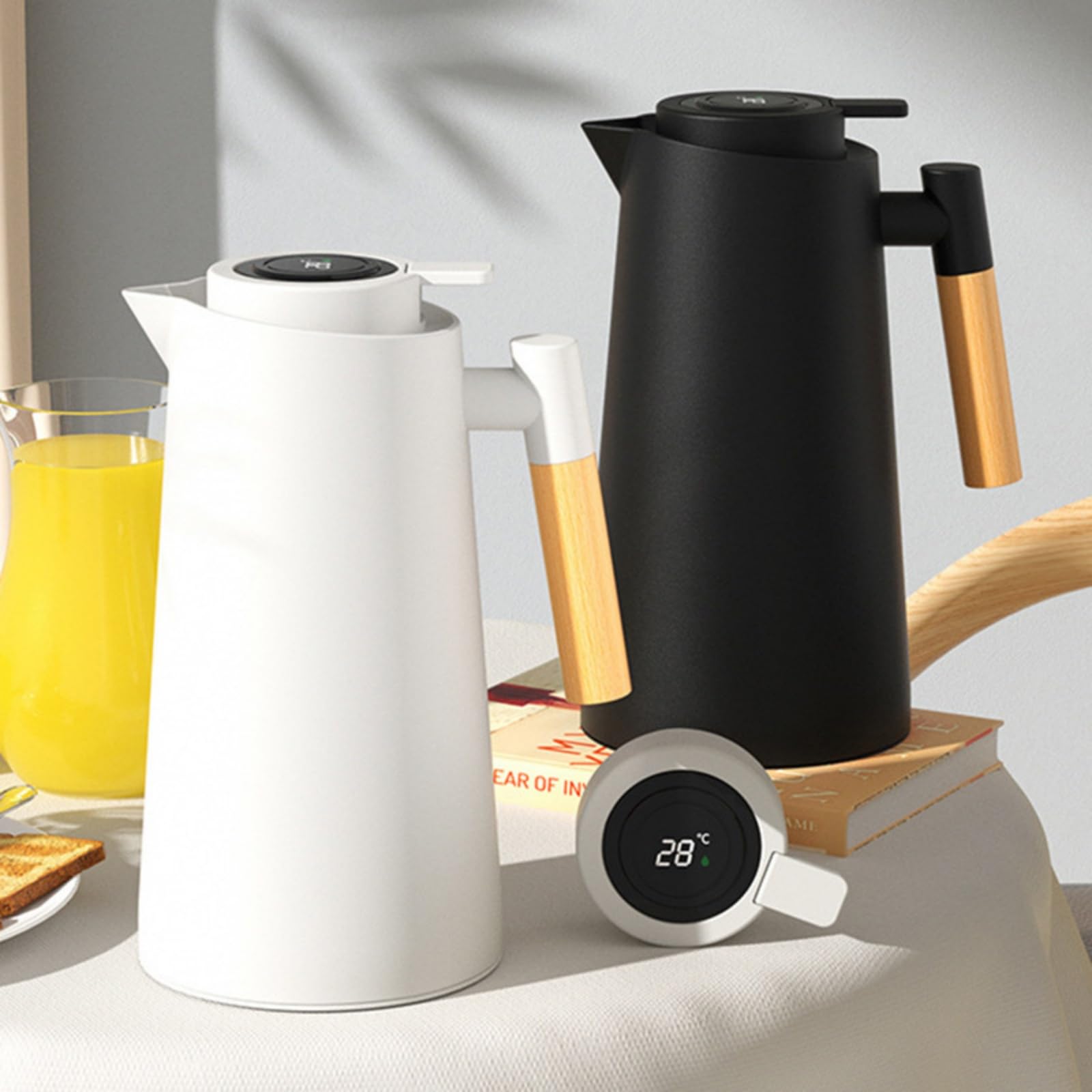 Caraffa termica con display intelligente della temperatura, 963,9 g, con rivestimento in vetro sottovuoto, caraffa termica per acqua, caraffa da caffè con manico in legno, per casa, cucina, ufficio