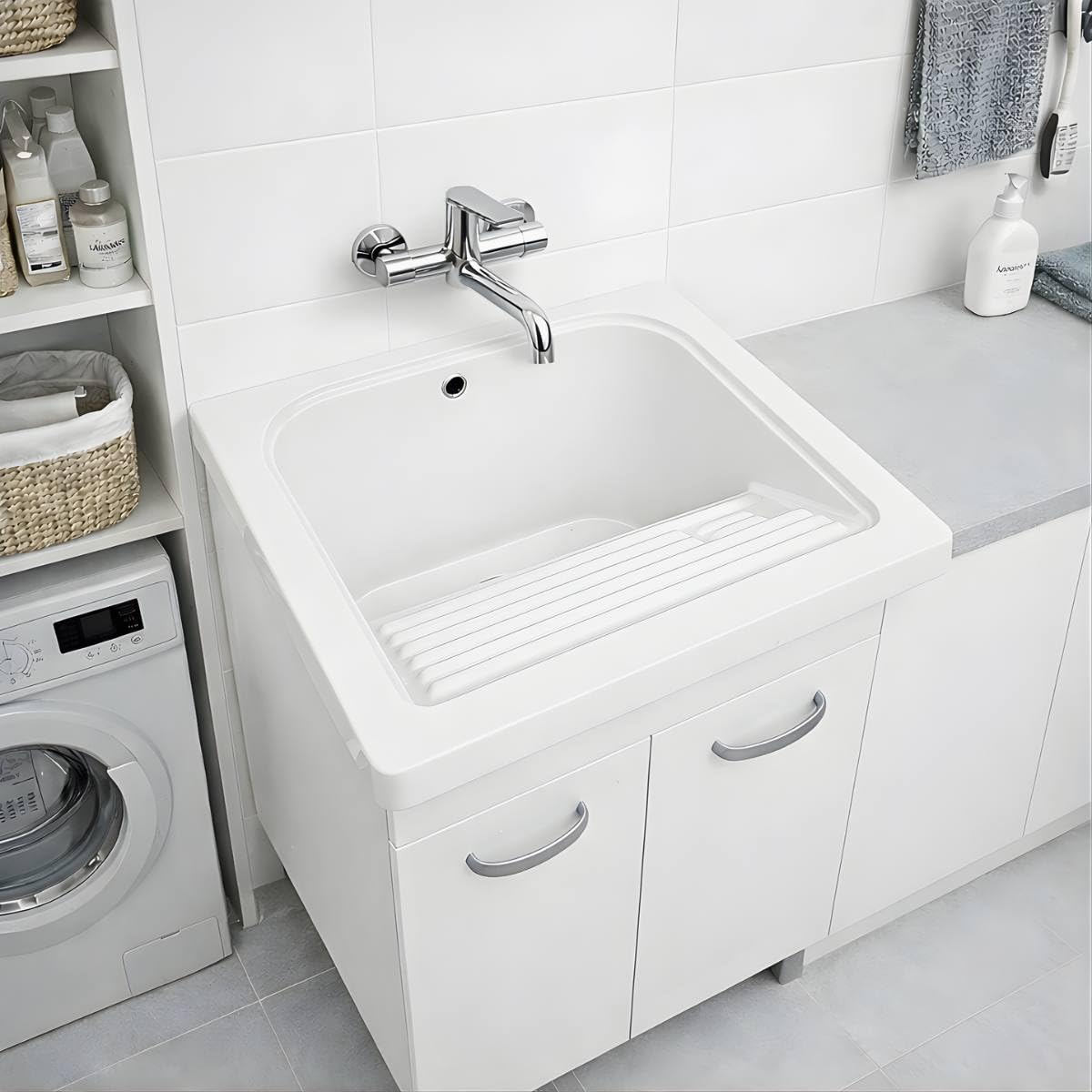 Mobile LAVATOIO Ceramica 60 x 60 x H 86 DOMINA Design Bianco Incluso di PILETTA in Acciaio E SIFONE Pilozza Profonda 33 cm con strizzatoio