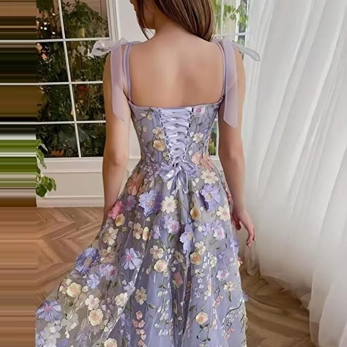 Jamille 3D Floral Prom Dresses 2024 Tulle Gowns with Pockets Long Spaghetti Strap Formal Dress Tea Length Fairy Gown JA0011 C3