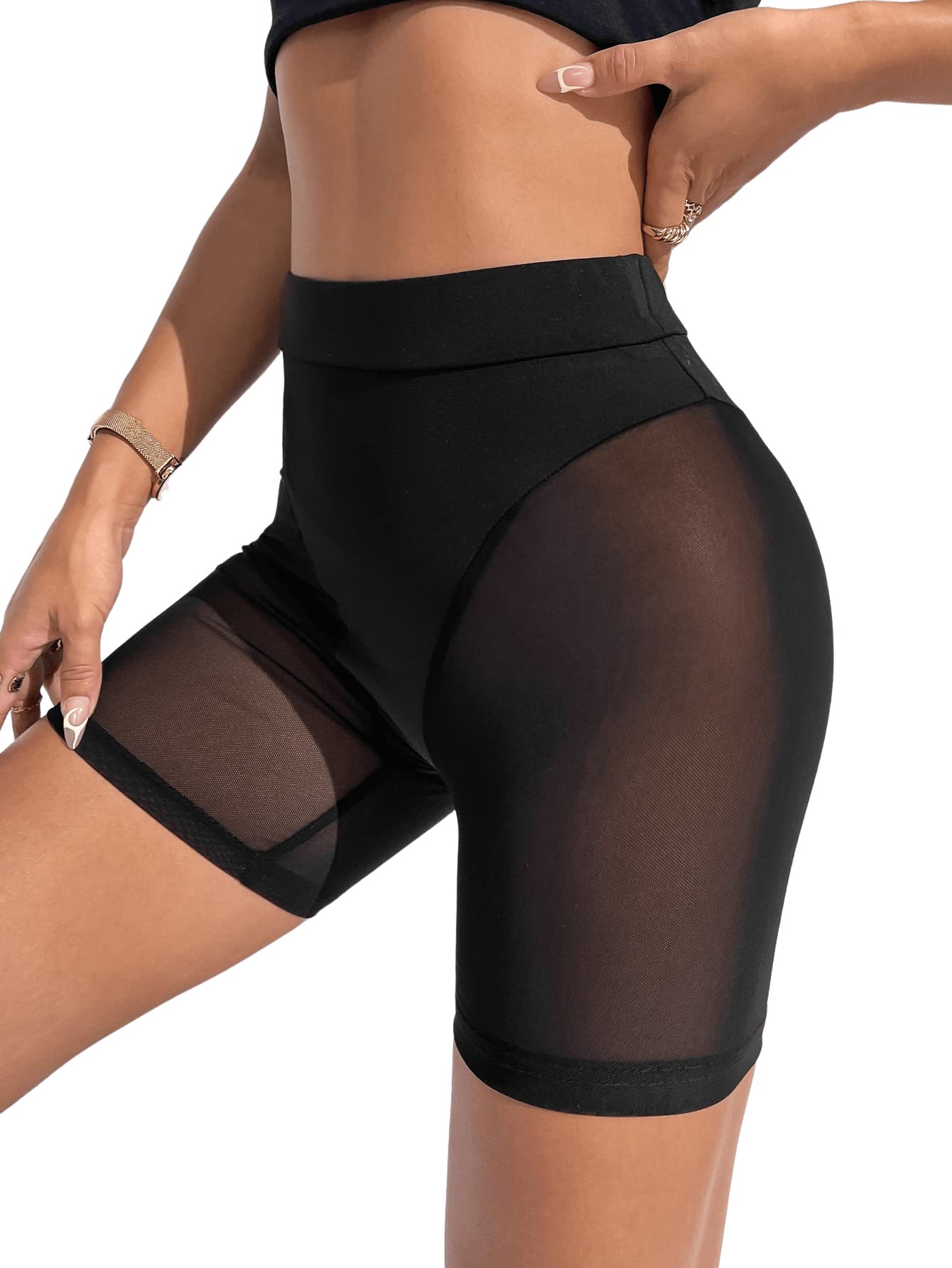 OYOANGLE Women's Sheer Mesh High Waist Biker Shorts Skinny Short Leggings Slip Shorts