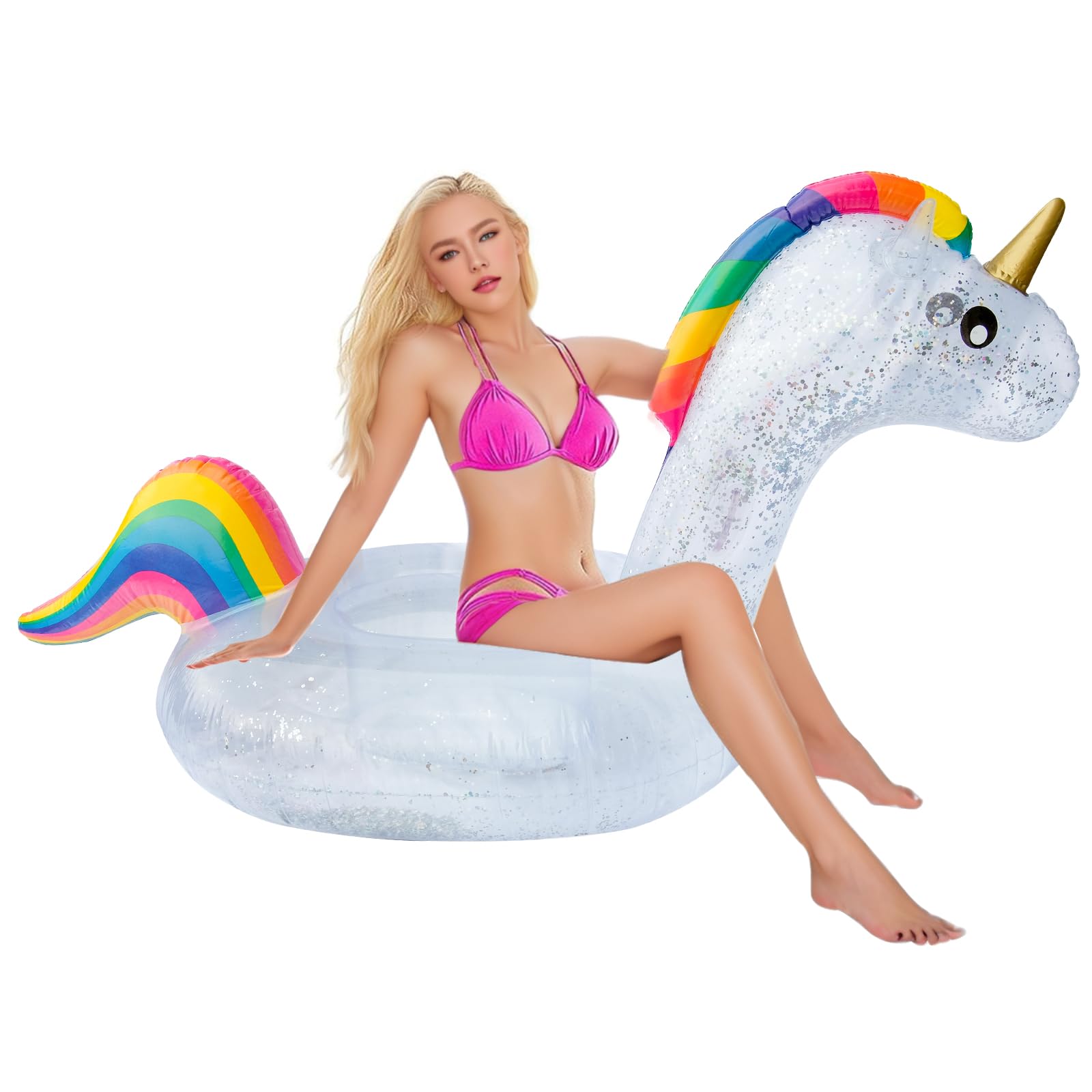 Gran Colchoneta Inflable para Piscina con Asa Unicornio Juguetes Inflables con Purpurina Dorada Brillante Juguete de Piscina para Niños y Adultos Decoración de Fiestas