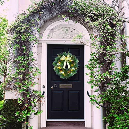 Yuletime 20" Pre-Lit Christmas Wreath, Battery Operated With 10 Fairy Lights Holiday Wreath, Gold Bowknot & Baubles, Pine Cones, Golden Berries, Green Leaves Holly, Spruce Branches, Pine Needles #TOP1