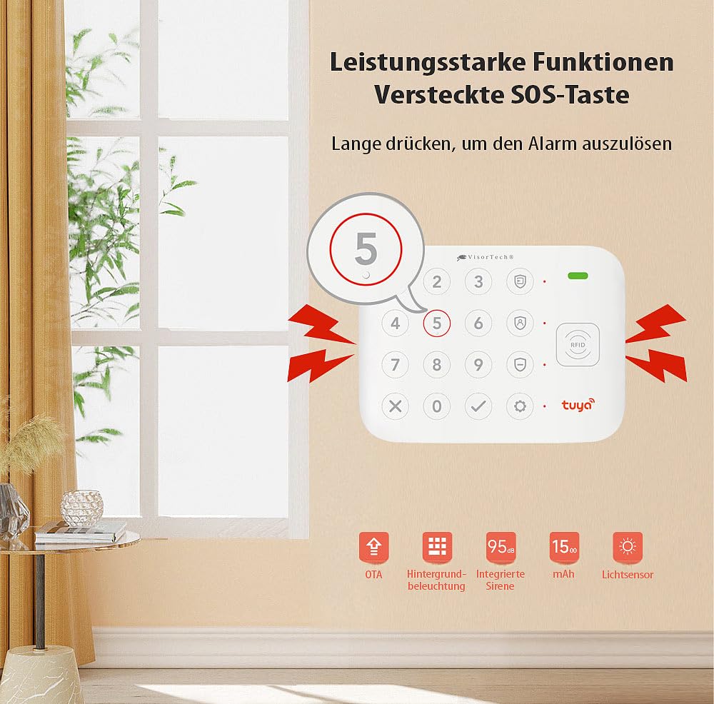 VisorTech Sistema Alarma WiFi: Juego de 6 Piezas Juego de Alarma WiFi, 2X Sensor para Puertas/Ventanas, Detector de Movimiento PIR inalámbrico (con Contacto para Ventana, Kit, Tableta)