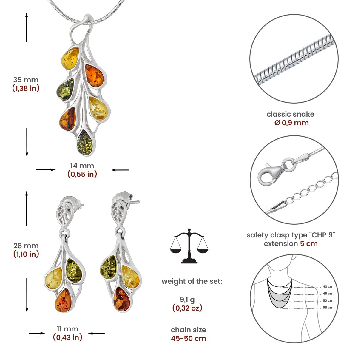 Piccolo set di gioielli da donna Amber 458, ciondolo con collana e orecchini, ambra baltica colorata, argento sterling 925, idea regalo