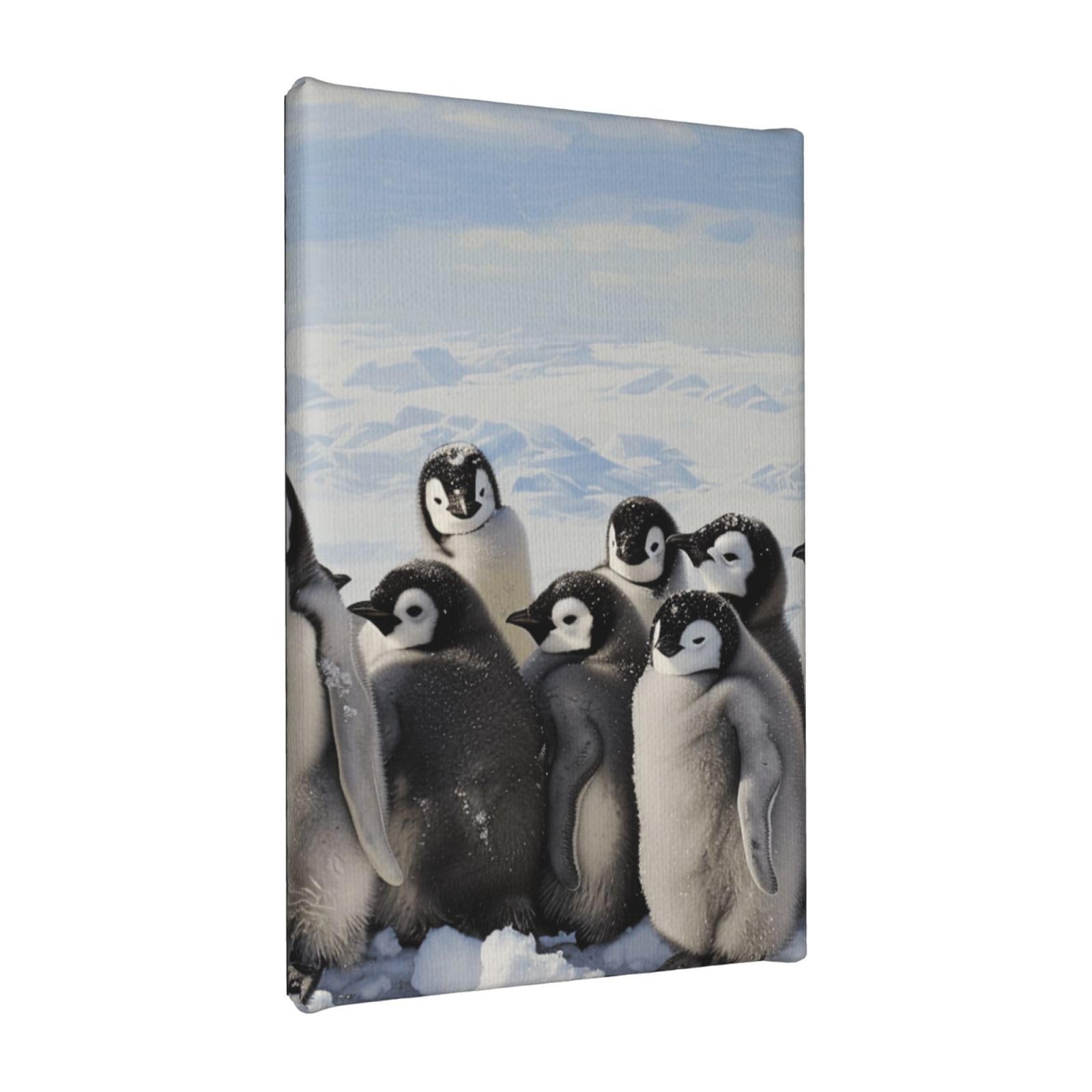 YKLJG Young Penguins With Snow Printed Wall Art Canvas Painting 20x30 CM Wooden Framed Picture Painting Artwork Prints for Bedroom Kitchen Home Office Decor