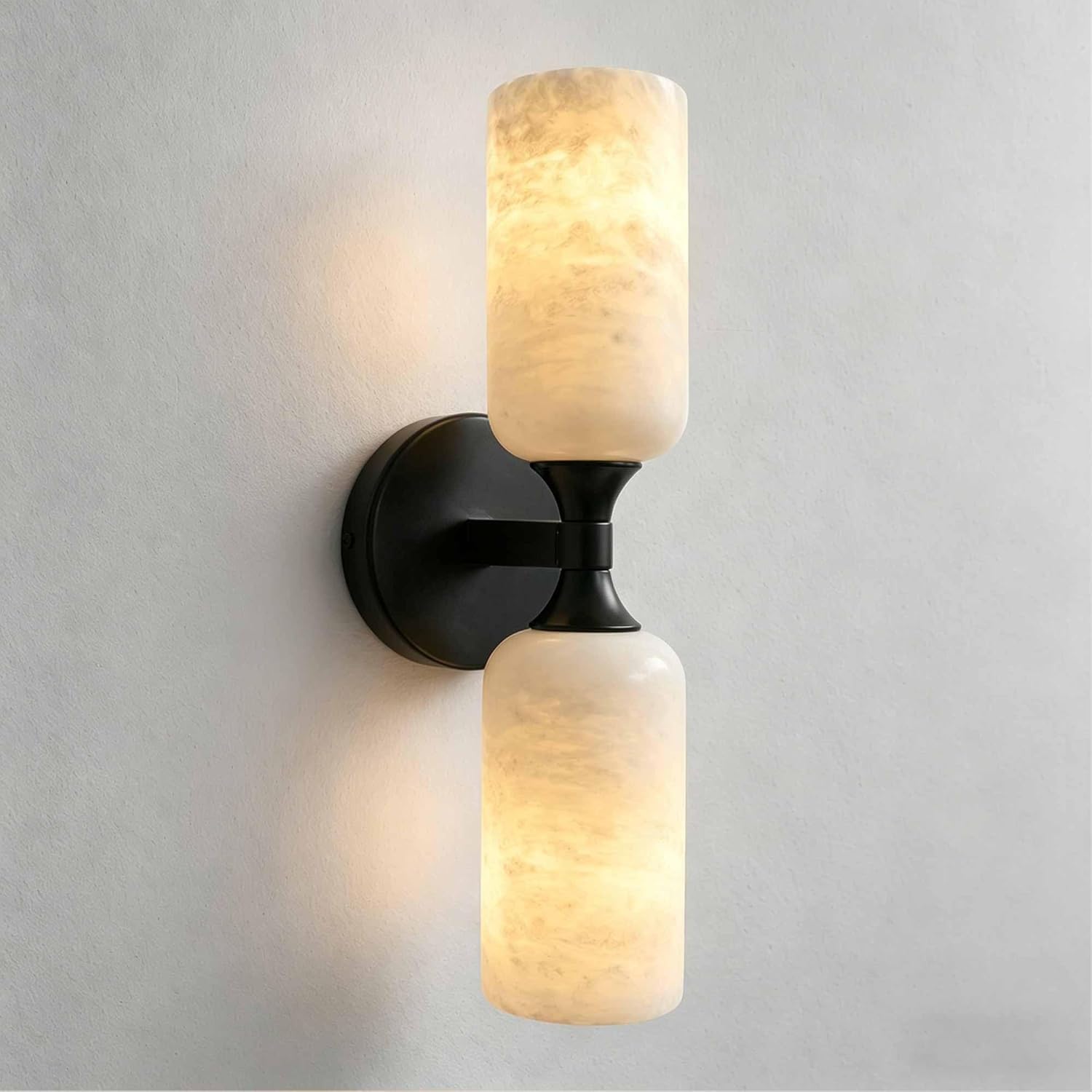 HXYSXHJUO Premium 15 Inch Natural Alabaster Wall Sconce, Matte Black Mid Century Marble Lamp, Hardwired Vanity Light E26 Base, Stone Mount Lighting For Bathroom Bedroom Living Room Stairway Cafe