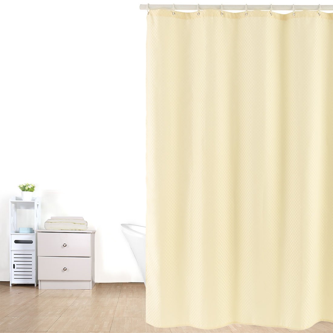 Ruilogod Cortina de ducha de tejido de poliéster, 180 x 180 cm, impermeable, resistente al moho, tejido estructurado con ganchos de plástico, color amarillo claro