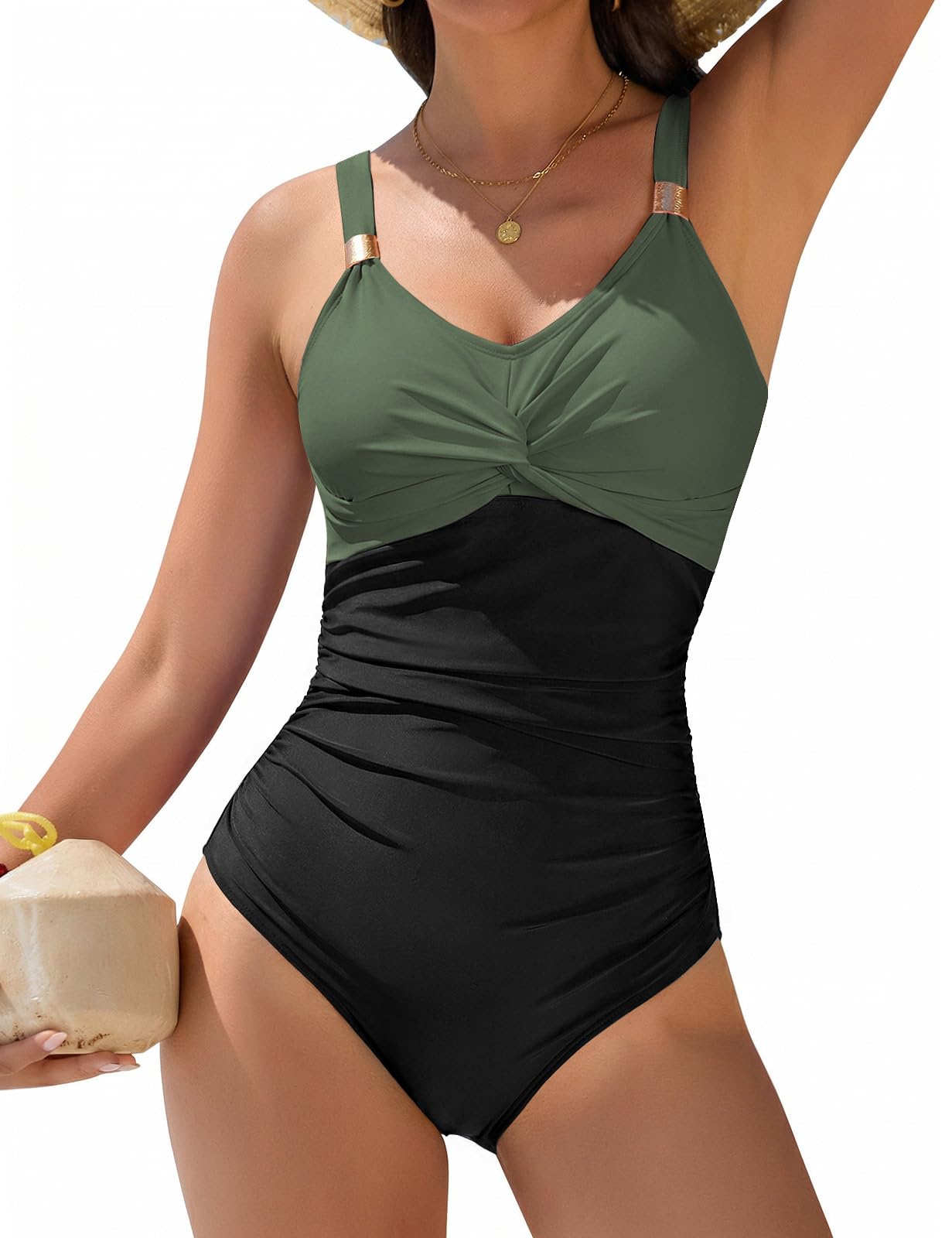 Maillot de Bain Femme 1 Pieces Gainant Ventre Plat Push Up Rembourré Maillots de Bain Amincissant Taille Haute Col en V Swimsuit Monokini Beachwear avec Décorations Métal