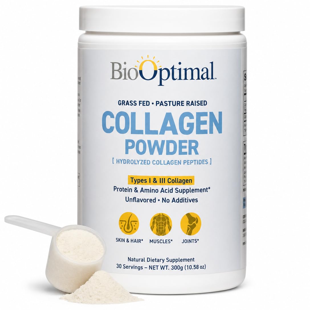 BioOptimal Colágeno hidrolisado em pó tipo I e III, 10 g por porção, 30 porções