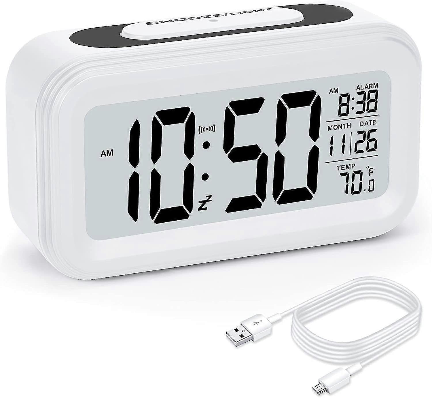JOYHAPPST Digital Alarm Clock For Bedroom, Upgraded Lcd Alarm Clocks With Usb Charger, Smart Night Light, Snooze, Indoor Temperature, Small Desk Alarm Clocks Fo