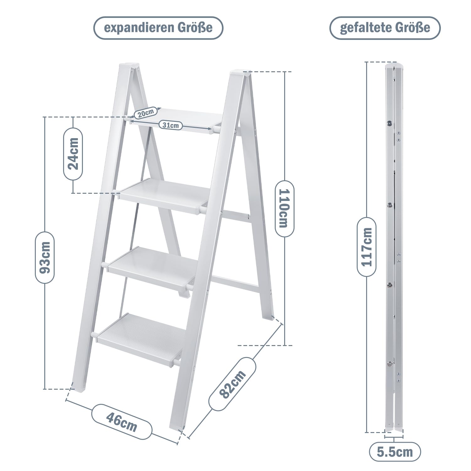 Aluminium Stufenleiter, 4 Stufen Klapptritt, Aluminium Tritthocker, rutschfeste Stehleiter, klein und kompakt, Belastbar bis 150 kg für Haushalt/Büro/Tragbare Lagerregal(Weiß)
