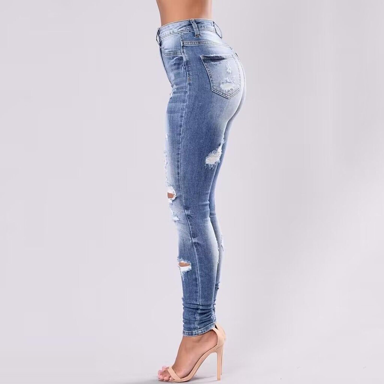 Jeans estivi da donna a vita alta, in mussola, vestibilità slim fit | Comodi pantaloni da donna strappati, vintage, in tessuto elasticizzato, pantaloni da trekking, gamba dritta