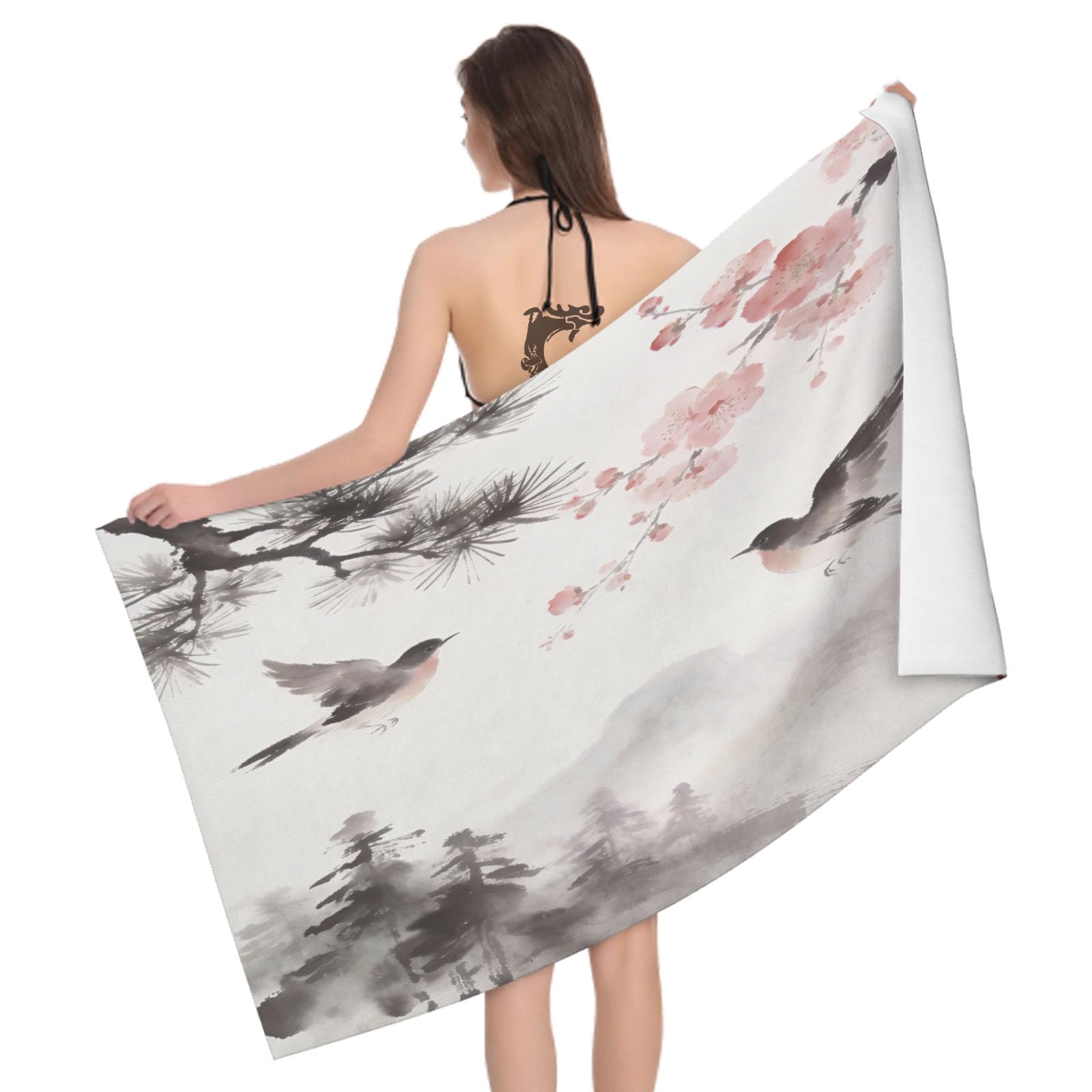Leichong 3D Chinese Flower & Bird Beach Towel Large Microfiber Soft Quick Dry for Adults, Bird Bath Towel Lightweight Soft Absorbent for Travel Swimming Pool Sports, 80 x 160 cm