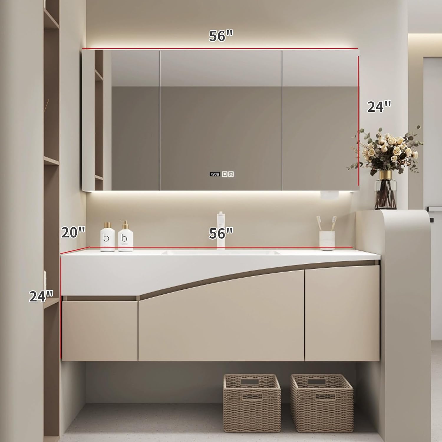 Bathroom Vanity - Floating Bathroom Vanity with Sink & Smart LED Defogger Mirror, Multi-Layer Solid Wood Material, Abundant Storage Space
