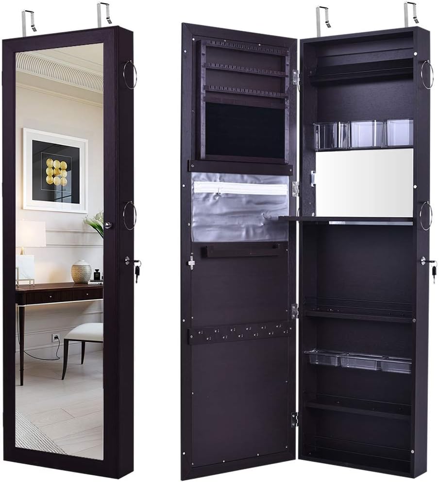 GISSAR Jewelry Mirror Armoire Wall Mount Over The Door, Mirror Jewelry Cabinet Storage Organizer Locking (Brown)
