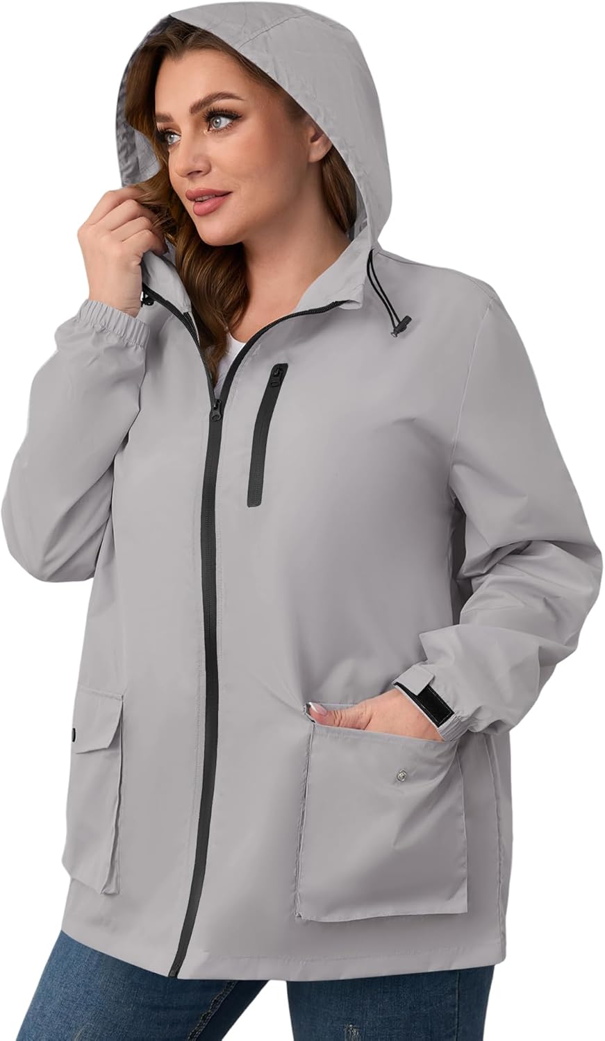 Avoogue Plus Size Womens Rain Jacket with Hood,Packable,Lightweight,Windbreaker,Waterproof Thin Jackets,Hiking,Travel