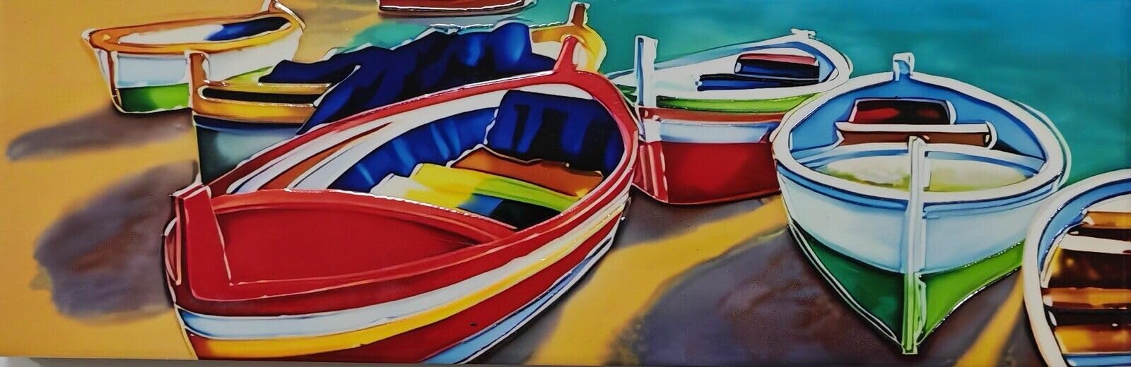 Old Tupton Ware Wall Hanging Art Tile (10 x 30 cm) - Beachside Boats