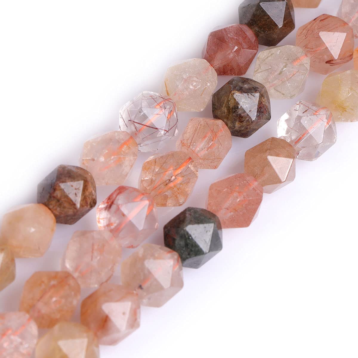 Gem-Inside Natural 10mm AAA Grade Multicolour Rutilated Quartz Stone Round Gemstone Semi Precious Faceted Beads for Jewellery Making 15" Beaded Strand DIY Handmade Craft Supplies (38pcs/Strand)