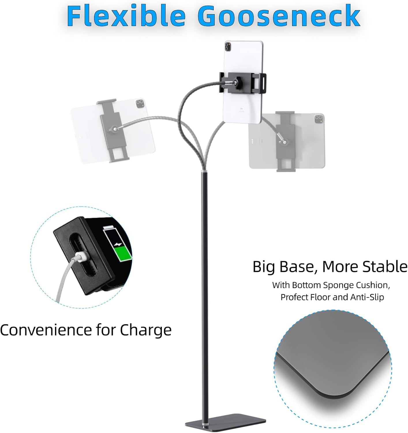 Supporto da pavimento per tablet con collo d'oca flessibile e base stabile, compatibile con tablet e telefoni cellulari (8,9-24,9 cm), nero