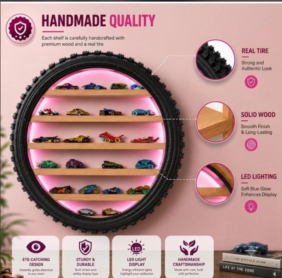 Image of Wooden Wall Shelf Display Rack for 1:64 Scale Die-Cast Cars, Pink