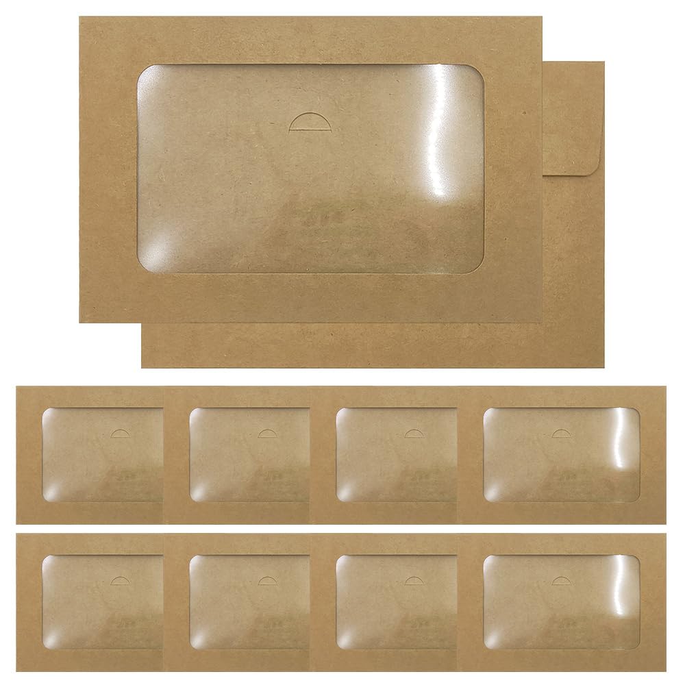 WYAN 10PCS Brown Kraft Paper Envelopes Clear Window Envelope with Snap Button-11.7x7.1cm PVC Window for Gift Cards Greeting Cards Invitations Classic Flap Envelope-Can hold cards measuring 15.5x10.4cm