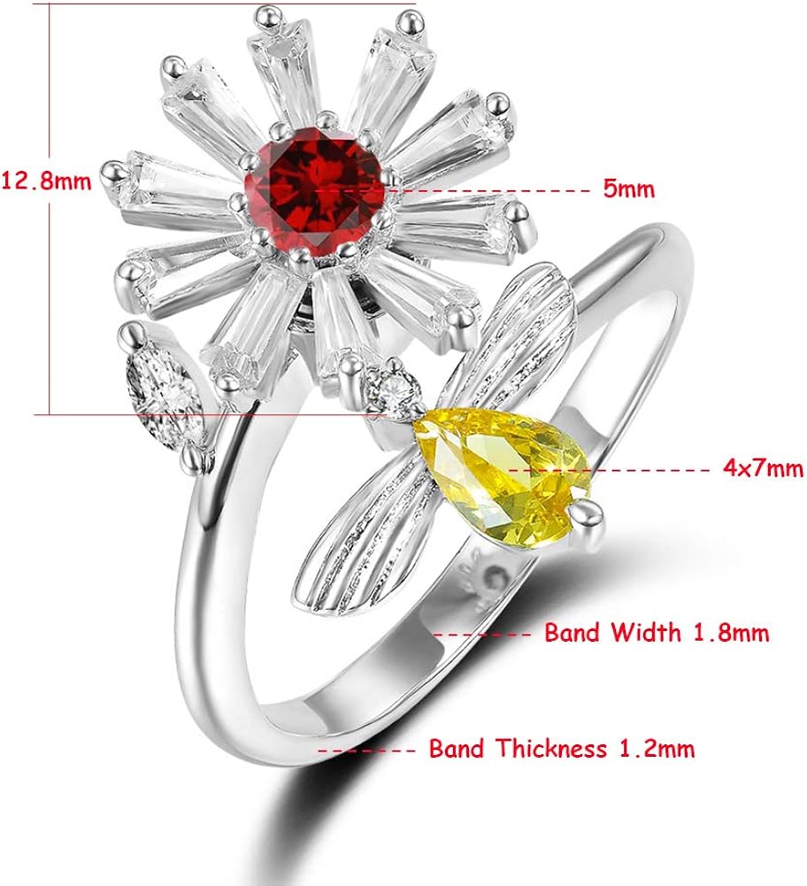 Amazon Com Ska Jewelry Daisy Flower Cute Bee Wedding Ring For Women Floral Green Cz Blossoms Open Ring Adjustable Size 6 9 White Gold Plated Clothing