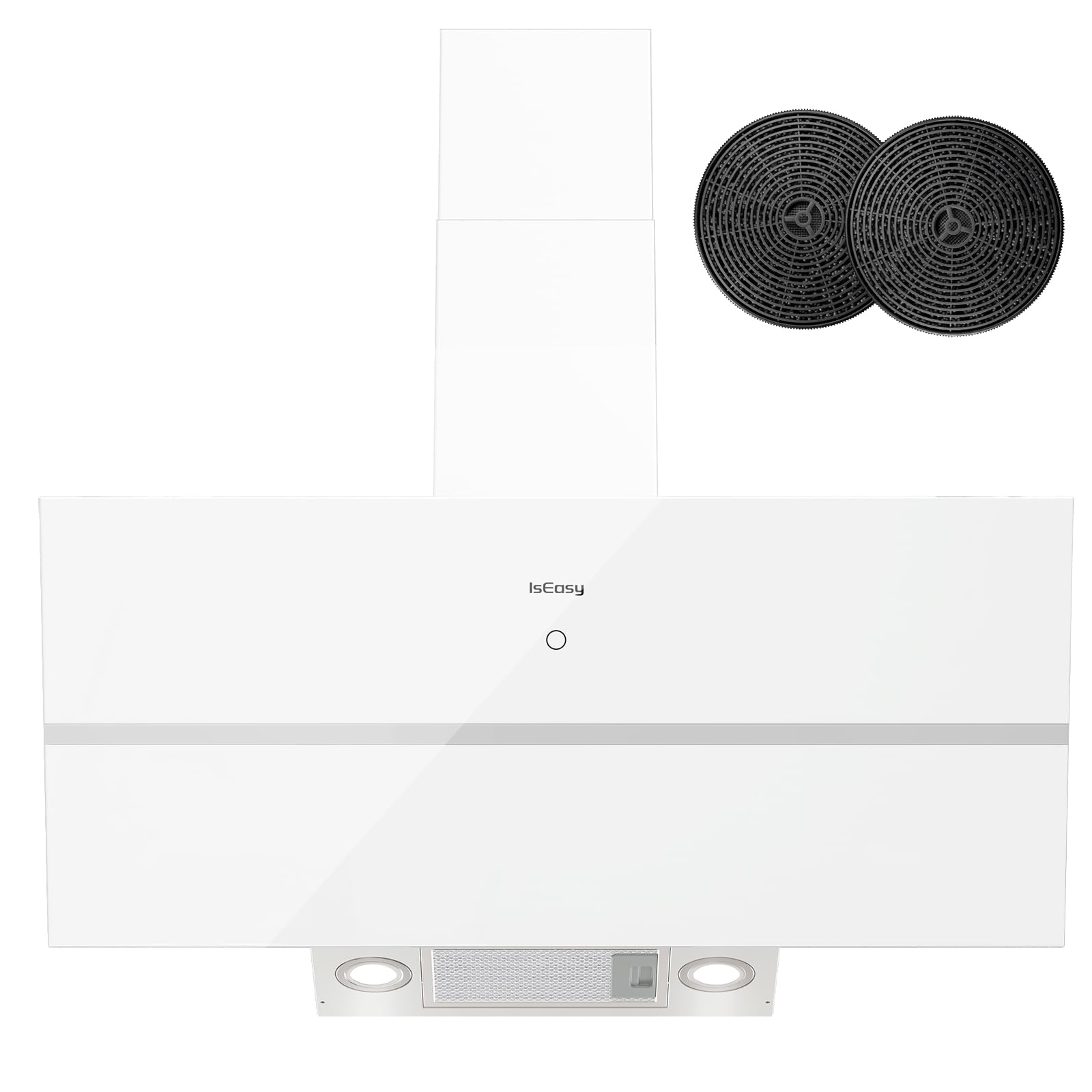 IsEasy Cappa Cucina, Cappa Aspirante 90 cm, 571 m³/h Aspirazione, 4 Livelli di Regolazione, Staffa Inclinazione 45°, 1-9 Min Spegnimento Ritardato, 61dB, Bianco, Efficienza A++