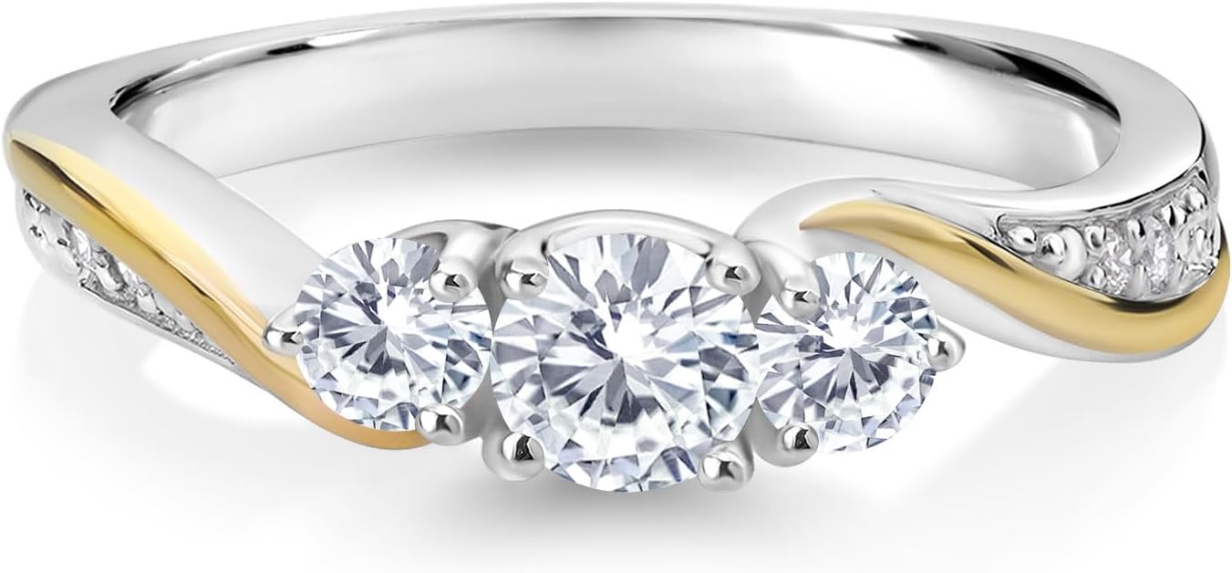 Gem Stone King 1/2 Cttw White Lab Grown Diamond 3-Stone Engagement Ring For Women | 925 Sterling Silver and 10K Yellow Gold | 3 Stone Wedding Anniversary Promise Ring For Women | Size 5-9