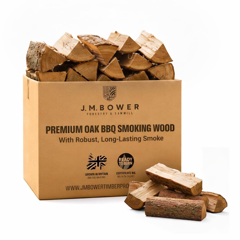 JM Bower Oak Firewood Logs Ready to Burn Certified – Grown in Britain Kiln Dried Oak Smoking Wood for BBQ, Pizza Ovens & Log Burners | Clean, Light Smoke Oaks BBQ Wood & Firewood Logs (approx 15kg)